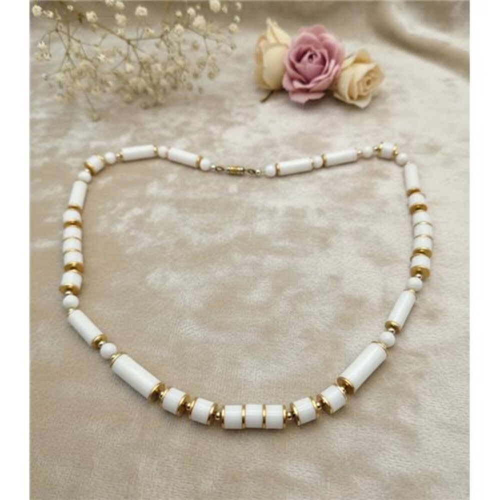 Vintage White Tubular Bead Necklace Gold Plated Brass 20 In Barrel Clasp